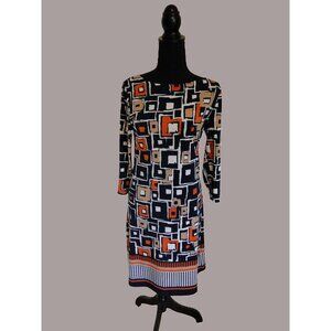 Tacera Womens Dress Mixed Geometric Design in Navy Orange Tan 3/4 Sleeve Size S